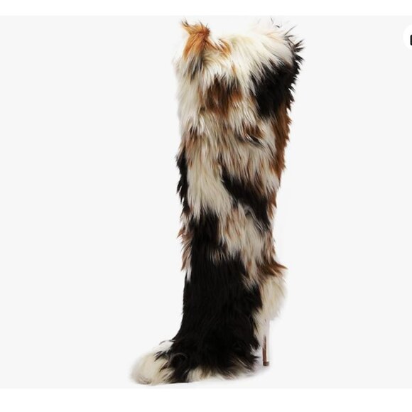 Faux Fur  Knee High Heeled Boots - Picture 3 of 7